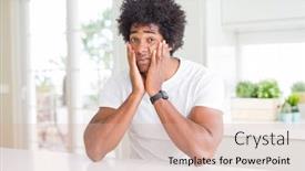  Presentation with sadness - Amazing slide set having young african american man wearing casual white t-shirt sitting at home tired hands covering face depression and sadness upset and irritated for problem backdrop and a coral colored foreground