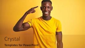  Presentation with great idea - Colorful slide set enhanced with young african american man wearing casual t-shirt standing over isolated yellow background smiling pointing to head with one finger great idea or thought good memory backdrop and a gold colored foreground