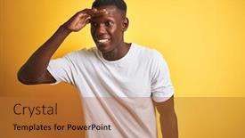  Presentation with far away - PPT theme consisting of young african american man wearing white t-shirt standing over isolated yellow background very happy and smiling looking far away with hand over head searching concept background and a red colored foreground