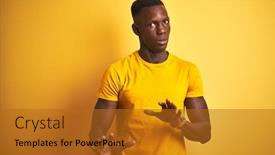  Presentation with forbidden - Audience pleasing PPT theme consisting of young african american man wearing casual t-shirt standing over isolated yellow background moving away hands palms showing refusal and denial with afraid and disgusting expression stop and forbidden backdrop and a gold colored foreground