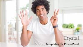 Presentation with colonoscopy african american patient - Presentation design having young african american man wearing casual white t-shirt sitting at home showing and pointing up with fingers number seven while smiling confident and happy background and a lemonade colored foreground