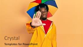  Presentation with hand palm - Presentation theme enhanced with young-african-american-man-wearing background and a gold colored foreground