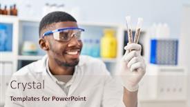  Presentation with test tubes - Slide set enhanced with young-african-american-man-wearing background and a soft green colored foreground
