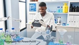  Presentation with virtual laboratory - PPT theme with young-african-american-man-wearing background and a light blue colored foreground