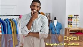  Presentation with manager thinking - Slide set featuring young-african-american-man-working background and a  colored foreground