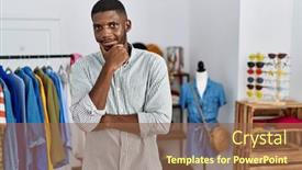  Presentation with manager thinking - Slide deck enhanced with young-african-american-man-working background and a tawny brown colored foreground