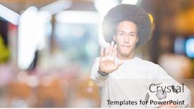  Presentation with defense - Colorful slide deck enhanced with young african american man with afro hair holding soccer football ball with open hand doing stop sign with serious and confident expression defense gesture backdrop and a soft green colored foreground