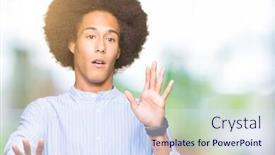  Presentation with panic - Presentation consisting of young african american man with afro hair afraid and terrified with fear expression stop gesture with hands shouting in shock panic concept background and a sky blue colored foreground