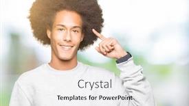  Presentation with great idea - Beautiful PPT theme featuring young african american man with afro hair wearing sporty sweatshirt smiling pointing to head with one finger great idea or thought good memory backdrop and a white colored foreground