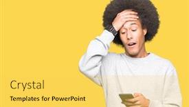  Presentation with afro - PPT theme with young african american man with afro hair using a smartphone stressed with hand on head shocked with shame and surprise face angry and frustrated fear and upset for mistake background and a yellow colored foreground