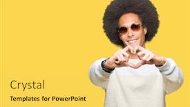  Presentation with american heart - Audience pleasing PPT theme consisting of young african american man with afro hair wearing sunglasses smiling in love showing heart symbol and shape with hands romantic concept backdrop and a yellow colored foreground