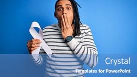  Presentation with blue ribbon - Beautiful presentation design featuring young-african-american-man backdrop and a teal colored foreground