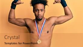  Presentation with medal - Beautiful presentation theme featuring young-african-american-man backdrop and a gold colored foreground