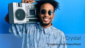  Presentation with american music - Colorful PPT layouts enhanced with young-african-american-man backdrop and a light blue colored foreground