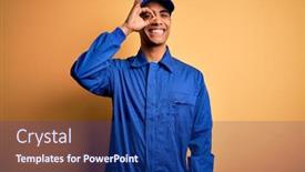  Presentation with blue yellow - Beautiful PPT theme featuring young-african-american-mechanic-man backdrop and a navy blue colored foreground