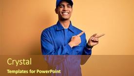  Presentation with blue yellow - Audience pleasing presentation design consisting of young-african-american-mechanic-man backdrop and a tawny brown colored foreground