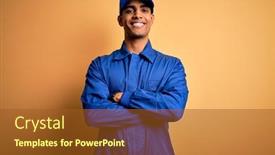  Presentation with blue yellow - Presentation theme featuring young-african-american-mechanic-man background and a tawny brown colored foreground