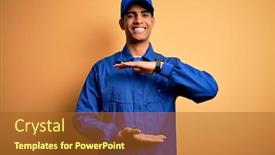  Presentation with blue yellow - Cool new presentation design with young-african-american-mechanic-man backdrop and a red colored foreground
