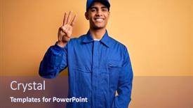  Presentation with blue yellow - Presentation design featuring young-african-american-mechanic-man background and a navy blue colored foreground