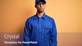  Presentation with blue yellow - Presentation theme consisting of young-african-american-mechanic-man background and a navy blue colored foreground