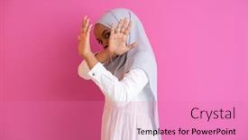 Presentation with woman muslim - PPT layouts having young african american muslim woman wearing traditional islamic clothes and showing two hands stop gesture against vilolence background and a coral colored foreground