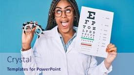  Presentation with optometry - Beautiful PPT theme featuring young-african-american-optician-woman backdrop and a sky blue colored foreground