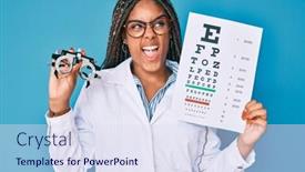  Presentation with optometry - Amazing slide deck having young-african-american-optician-woman backdrop and a sky blue colored foreground