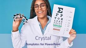  Presentation with optometry - Slide set enhanced with young-african-american-optician-woman background and a sky blue colored foreground