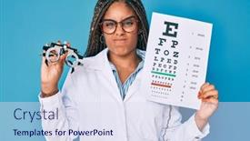  Presentation with optometry - Presentation theme featuring young-african-american-optician-woman background and a sky blue colored foreground
