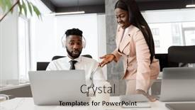  Presentation with business office desk - Presentation design with young-african-american-people background and a mint green colored foreground