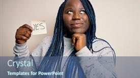  Presentation with african american woman question - PPT theme enhanced with young-african-american-plus-size background and a ocean colored foreground