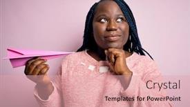  Presentation with african american woman question - Presentation design consisting of young-african-american-plus-size background and a coral colored foreground