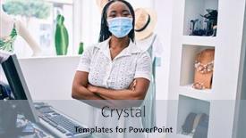  Presentation with african american and baby - Beautiful PPT theme featuring young-african-american-shopkeeper-woman backdrop and a light blue colored foreground