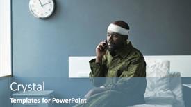  Presentation with family talking - PPT theme featuring young-african-american-soldier background and a seafoam green colored foreground