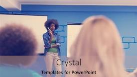 Presentation with african american meeting - Presentation theme featuring young african american speaker seminar corporate business meeting concept background and a coral colored foreground
