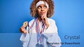  Presentation with african american woman question - Slide deck with young-african-american-sporty-woman background and a light blue colored foreground