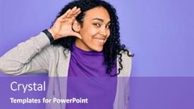  Presentation with listening woman - Colorful presentation design enhanced with young-african-american-sporty-woman backdrop and a violet colored foreground