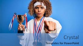  Presentation with winning - Theme consisting of young-african-american-sporty-woman background and a teal colored foreground