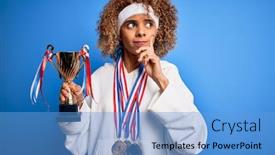  Presentation with african american woman question - Cool new PPT theme with young-african-american-sporty-woman backdrop and a light blue colored foreground