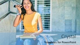 Presentation with american university - Colorful PPT layouts enhanced with young-african-american-student-girl backdrop and a light blue colored foreground