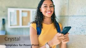  Presentation with american university - Presentation design with young-african-american-student-girl background and a coral colored foreground