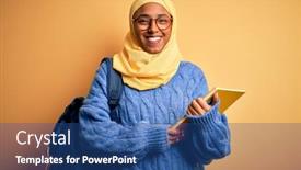  Presentation with hijab - Beautiful presentation design featuring young-african-american-student-woman backdrop and a ocean colored foreground