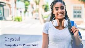  Presentation with american university - Slide set consisting of young-african-american-student-woman background and a sky blue colored foreground