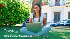  Presentation with american university - Beautiful slide deck featuring young-african-american-student-woman backdrop and a ocean colored foreground