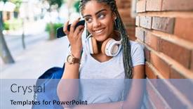  Presentation with american university - Colorful PPT layouts enhanced with young-african-american-student-woman backdrop and a light blue colored foreground