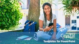  Presentation with american university - Presentation design consisting of young-african-american-student-woman background and a teal colored foreground