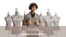  Presentation with doll - Presentation theme with young-african-american-tailor background and a gray colored foreground