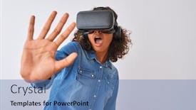  Presentation with african american teenager girl - Cool new presentation theme with young african american teenager girl playing virtual reality game using goggles backdrop and a teal colored foreground