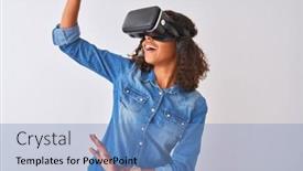  Presentation with african american teenager girl - Audience pleasing presentation theme consisting of young african american teenager girl playing virtual reality game using goggles backdrop and a teal colored foreground