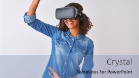  Presentation with african american teenager girl - Cool new presentation design with young african american teenager girl playing virtual reality game using goggles backdrop and a teal colored foreground